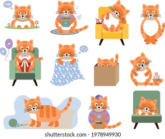 Seth is a funny ginger cat in various poses on a white background. Cartoon image of a cat for the decoration of a children's party and souvenirs.