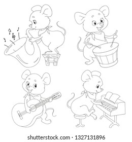 Seth funny mouse musicians. Cute cartoon characters of the little mouse. Trumpeter, pianist, drummer, guitarist. Musical ensemble. Vector isolated. A collection of characters for coloring books.