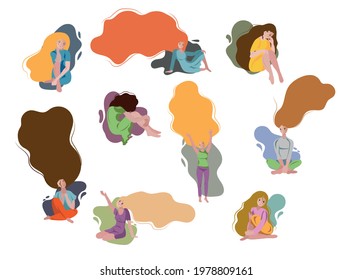 Seth girls different poses emotion sadness. Vector illustration in a flat style.