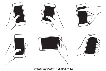 Seth with hands holding smartphone. Vector illustration hand drawn doodle