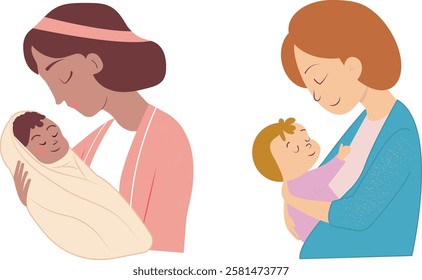 Seth Happy Mother's Day, frame, flat vector illustration with flowers and leaves. Mom with a baby, a child in her arms. A sweet and loving mother adores her child