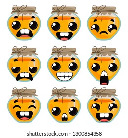 Seth honey with emotions. Children's funny clipart. Vector illustration in cartoon style.