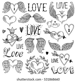 Seth illustrations and decorative elements for Valentine's Day. Freehand drawing