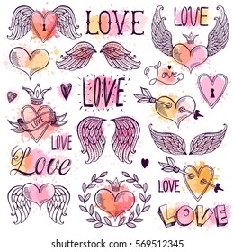 Seth illustrations and decorative elements for Valentine's Day. Freehand drawing