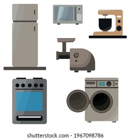 Seth kitchen appliances, washing machine, refrigerator, mixer, microwave oven, flat style stove, sector graphics