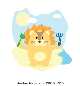seth the lion with a shovel and a rake on the beach illustrations for children postcard print