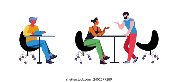 Seth hombres en un lugar de trabajo cómodo. Cómodos muebles de oficina. Trabajo a distancia. Ilustración vectorial brillante.