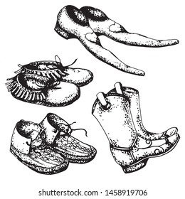 Seth Mexico. national Mexican shoes in the form of leather Makasin, guacher, cowboy boots, hands drawn on paper, in the form of a black and white contour.