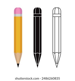 Seth pencil. Colored pencil icon, black pencil outline, black pencil silhouette. Vector illustration isolated on a white background for design and web.