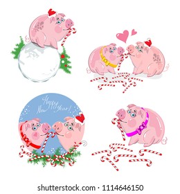 Seth pigs, Two cheerful pigs, pigs in Christmas caps, pig boy and pig girl, Chinese New Year symbol, vector illustration