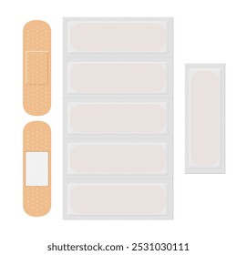 Seth plasters. A band-aid is a thin cloth strip on which an adhesive mass is applied, used for medical purposes. Vector illustration isolated on a white background for design and web.