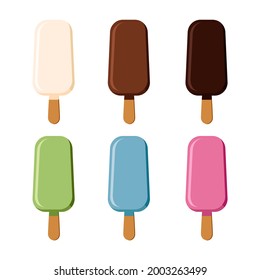 Seth popsicle. Ice cream on a wooden stick with various types of chocolate. White, milk, dark chocolate and colored chocolate with different flavors. Summer refreshing dessert. 