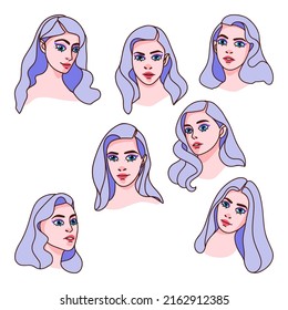 Seth portrait of a girl with blue hair in different angles, with bright makeup and long hair