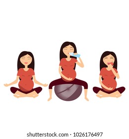 Seth a pregnant beautiful girl engaged in fitness and yoga. The girl is drinking water and eating an apple. Healthy pregnancy. Healthy food. Healthy way of life. Vector illustration