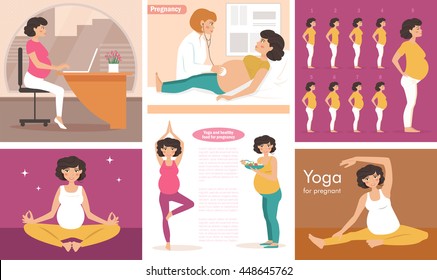 Seth with pregnant women. Vector illustration in flat style. Image for booklets, brochures, flyers, websites. Cartoon character. Health, medicine, nutrition, yoga, work