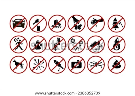 Seth prohibition signs in a forest park. Isolate on a white background. Vector illustration.