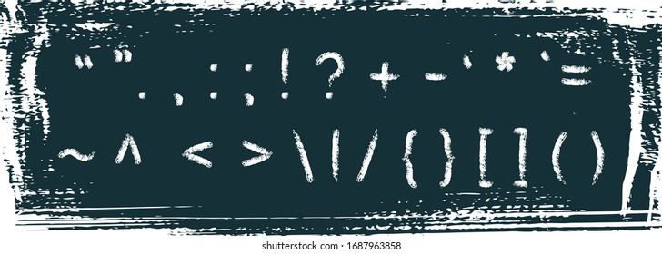 Seth punctuation marks. Vector collection of handwritten handmade alphabet. Letters written in chalk on a school blackboard. Hand-drawn alphabet by pastel. Font for inscriptions, lettering, text.