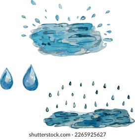 Seth Rain and drops. Vector illustration of two water drops, raindrops, splashes and puddles, light blue color.
