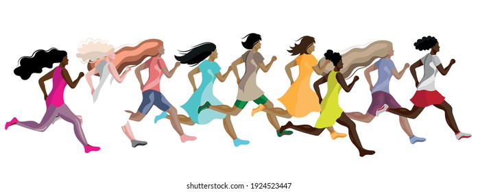 Seth running women of different skin colors. Vector illustration.