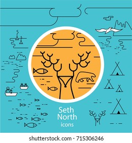 Seth Sever with icons of wildlife and way of life of indigenous northerners, fishing, wild animals, national plague