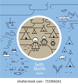 Seth Sever with icons of wildlife and way of life of indigenous northerners, fishing, wild animals, national plague