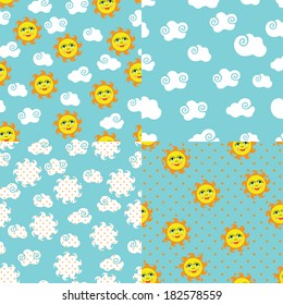 Seth simple seamless patterns about the day. The ornament with sun,sky,clouds,polka dot/ Children vector illustration.For fabrics,Wallpaper,packaging,background.