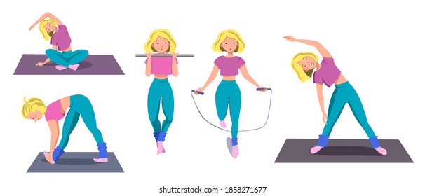 Seth is a sporty girl who goes in for sports. The girl pulls herself up, jumps on the rope, makes bends, sits in the Lotus position. Vector illustration on a white isolated background.