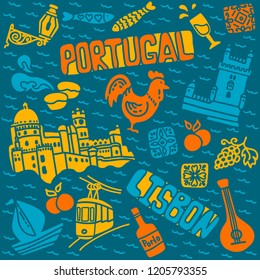 Seth symbols of Portugal at night: rooster, tram, sailboat, oranges, fish, grapes, Belem tower, Pena National Palace, Pastel de Nata. Text and inscription Portugal and Lisbon. Hand drawn, doodle style