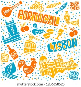 Seth symbols of Portugal: rooster, tram, sailboat, oranges, fish, grapes, Belem tower, Pena National Palace, Pastel de Nata. Text and inscription Portugal and Lisbon. Hand drawn, doodle style