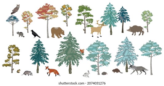 Seth trees and animals. Isolated over white background. Vector illustration.