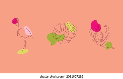 Seth tropics. The illustrations are made in the style of a one line. Wild tropical flower, pink flamingo, monstera leaf. Icons, logos	
