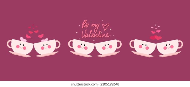 Seth Two cute pink mugs with faces, valentines day. Vector illustration in flat cartoon style.