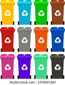 Seth - various colored garbage cans. Separate waste processing. Multi-colored garbage containers for different types of waste: paper, glass, metal, organics and others. Vector illustration. 