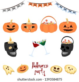 Seth of vector Halloween decorations. Sweets, drinks, pumpkins, skulls, garlands.
