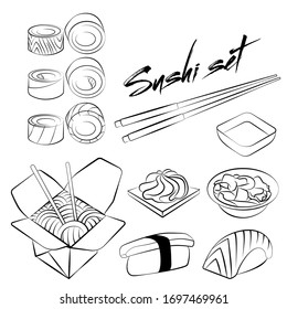 Seth vector isolated nigiri, sauces, sushi. Linear, minimalistic set. Sushi with avocado and salmon, rolls, wasabi, ginger, wok, sticks, Chinese sticks, noodles.