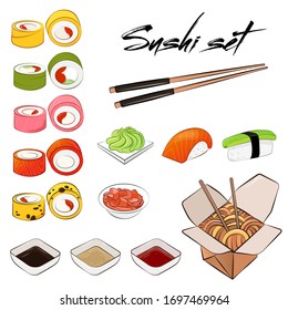 Seth Vektorillustration Saucen, Sushi, Nigiri Avocado und Lachs, Brötchen Rosa, Grün, Gelb, Wespabi, Ingwer, Wok, Stöcke, chinesische Stöcke, Nudeln. In einem modernen Flachstil.