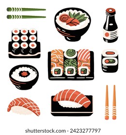 Seth vector sauces, sushi, nigiri avocado and salmon, rolls pink, green, yellow, wasabi, ginger, wok, sticks, chinese sticks, noodles. In a modern flat style. 