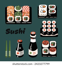 Seth vector sauces, sushi, nigiri avocado and salmon, rolls pink, green, yellow, wasabi, ginger, wok, sticks, chinese sticks, noodles. In a modern flat style. 