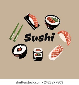 Salsas vectoriales, sushi, aguacate nigiri y salmón, rollos rosas, verdes, amarillos, wasabi, jengibre, wok, palos, palos chinos, fideos. En un estilo moderno y plano. 