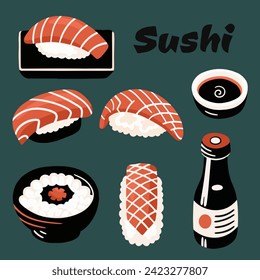 Seth vector sauces, sushi, nigiri avocado and salmon, rolls pink, green, yellow, wasabi, ginger, wok, sticks, chinese sticks, noodles. In a modern flat style. 