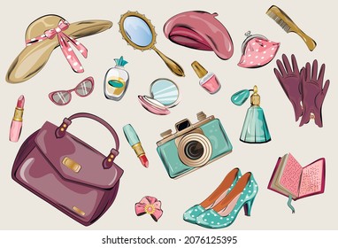 Seth vintage bag hat shoes and accessories. What's in the bag. The contents of the handbag. Vector illustration. Isolate on a white background.