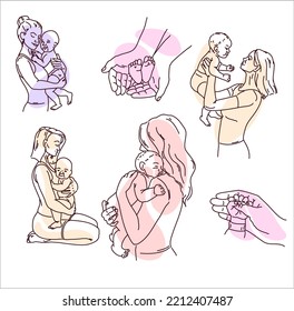 Seth woman with a child. Line drawing by hand. The mother holds the child in her arms and hugs. Children's hands in the hands of the mother. Vector in flat lay