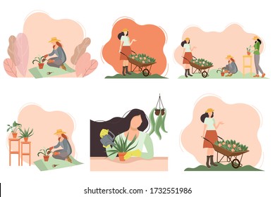 Seth women in the garden. Gardening. Gardener with a cart and flowers, grows indoor plants, plants flowers in the garden. Farmer girl caring for a plant. We work at home. Concept for the site.