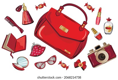 Seth womens bag cosmetics accessories. What's in the bag. The contents of the handbag. Vector illustration. Isolate on a white background.