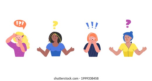 Seth women's emotions. A woman shrugs with a curious expression on her face, a surprised face, a startled face. Different nationalities. Question mark. Flat style vector design illustration