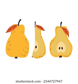 Seth is a yellow pear. A yellow pear with an autumn leaf. A whole pear, half a pear and a quarter. A delicious and healthy fruit. Vector illustration in cartoon style for design and web.