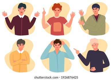 Seth young guys express the emotion of anger, rage. resentment, disappointment. Vector illustration in modern flat style. Isolated on white background.