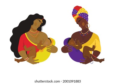 Seth's mother is breastfeeding her baby. Two Hindu and African women. Vector illustration.