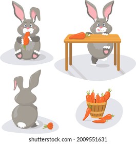 Seth's short story of a gray rabbit eating juicy orange carrots, children's illustration