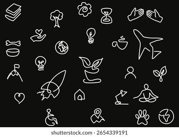 SetMinimalistische Liniensymbole im Blasenstil auf schwarzem Hintergrund, Set